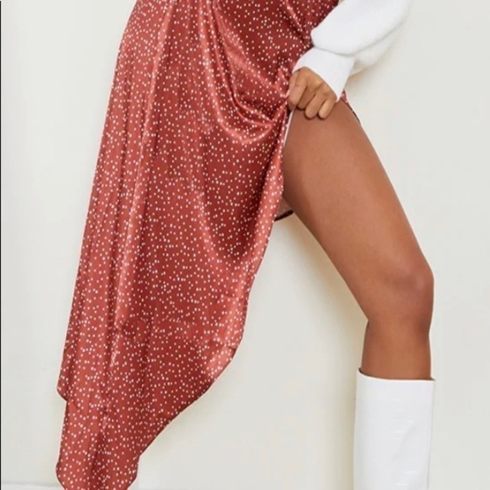 Pretty Little Thing Rust Polka Dot Satin Asymmetric Skirt Size 6